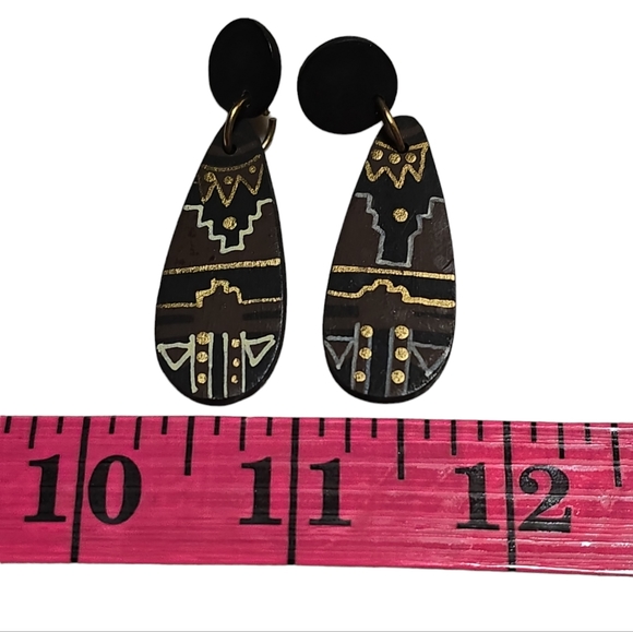 Handmade Wooden Trible Dangle Post Earrings - Picture 2 of 3